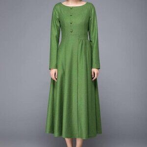 Ylistyle Green Retro Style Wool Blend Maxi Dress  4?